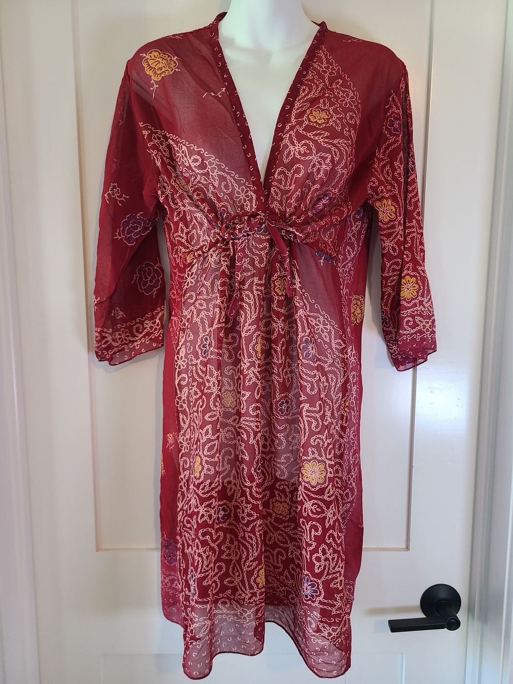 Burgundy Sheer Floral Tie-Front Tunic